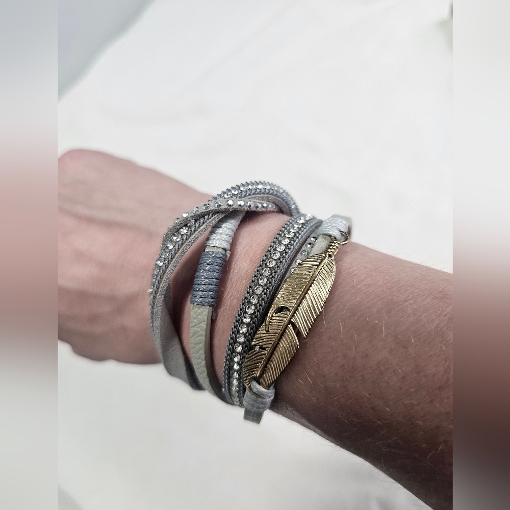Grey Wrap Bracelet with Gold Feather Accent